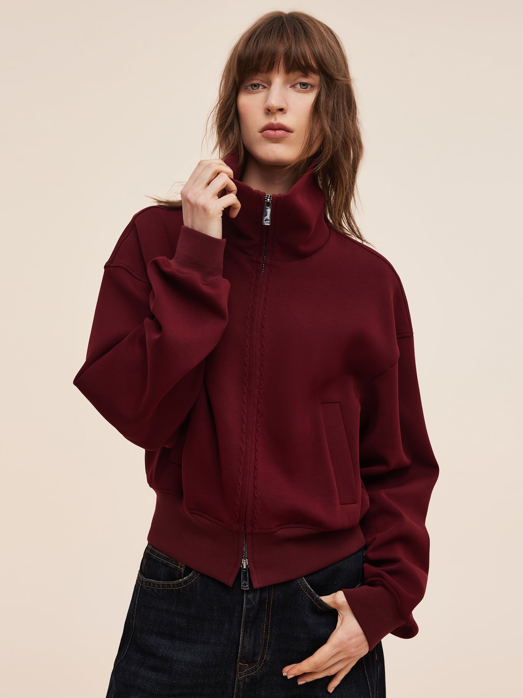 Scuba High-Collar Women Zip-Up Crop Jacket GOELIA