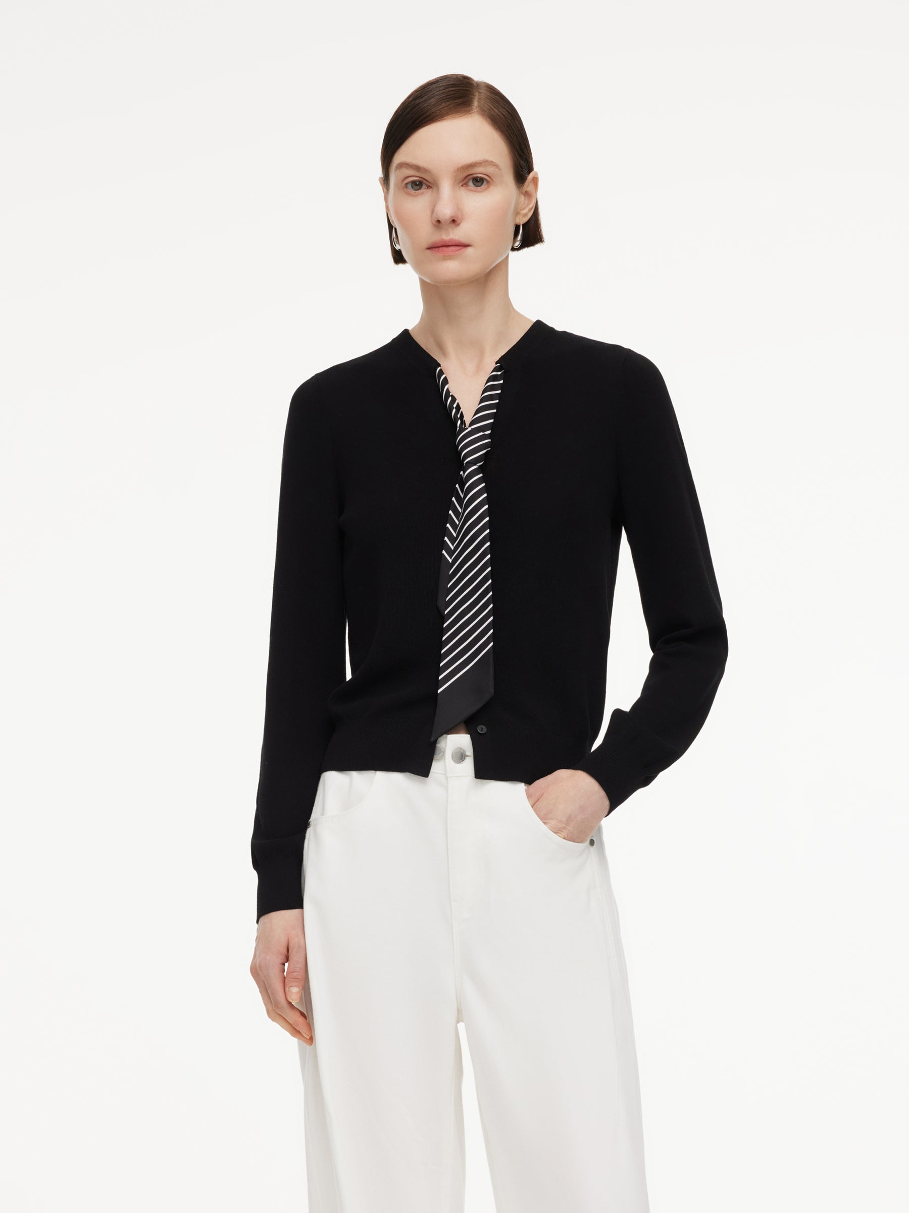 [Preview] Tencel Blend V-Neck Women Cardigan With Silk Scarf GOELIA