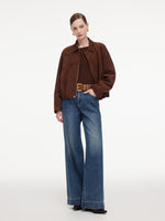 Faux Suede Bubble Hem Women Zip-Up Cropped Jacket GOELIA