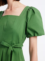 Green Square Neck Puff Sleeve A-Line Mini Dress GOELIA