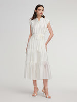 Tencel Blend Women V-Neck Maxi Dress Self Tie Belt Maxi Dress GOELIA