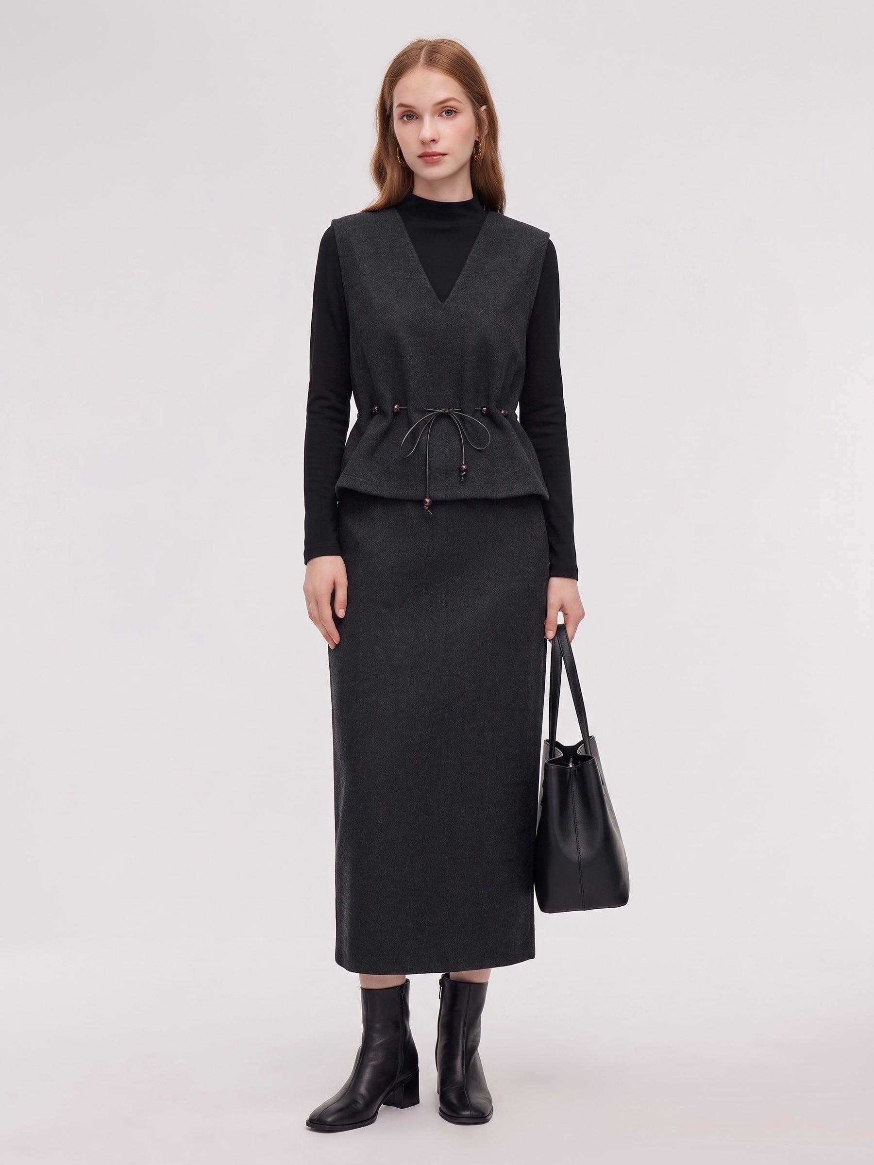 [Preview] Vest & Knit Top & Skirt Three-Piece Set With Belt GOELIA