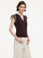 Lyocell Blend V-Neck Women Embroidered Sleeve Knit Top GOELIA
