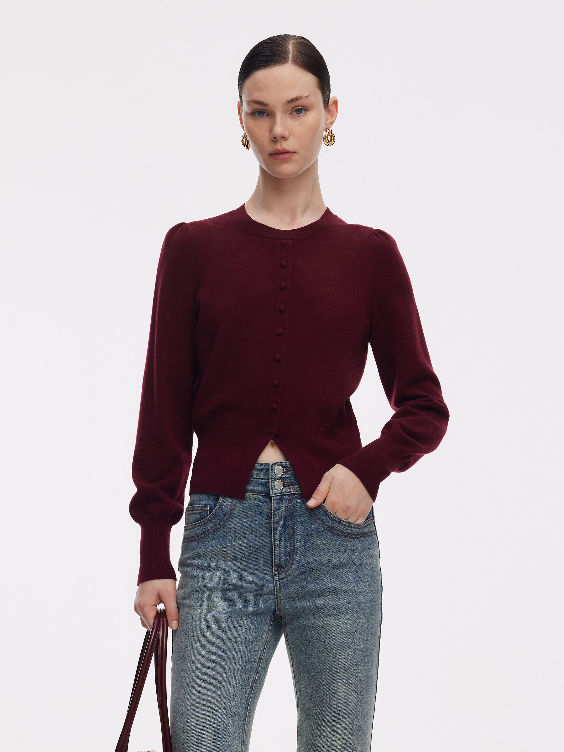 Tencel Blend Puff Long Sleeve Women Knit Top GOELIA