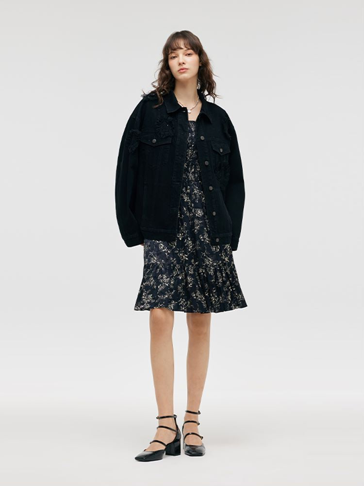 Butterflies Print Square Neck Ruffle Trim Women Mini Dress GOELIA