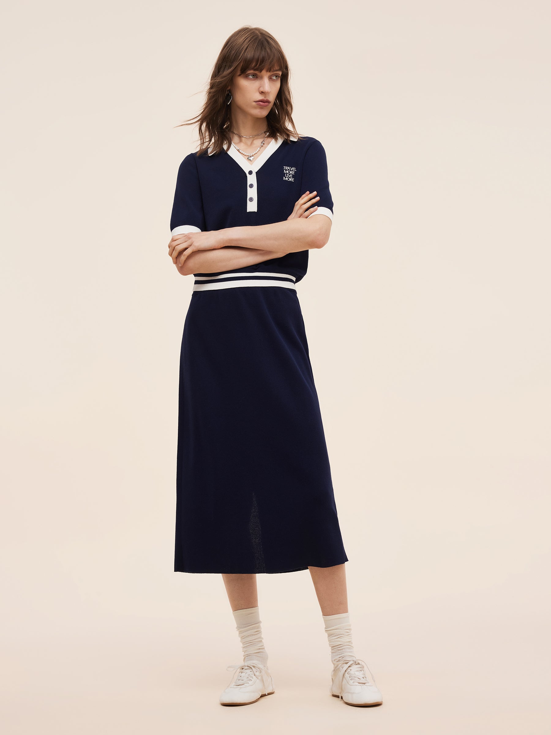 Tencel Blend Contrast Trim Knit Top And Skirt Two-Piece Set GOELIA