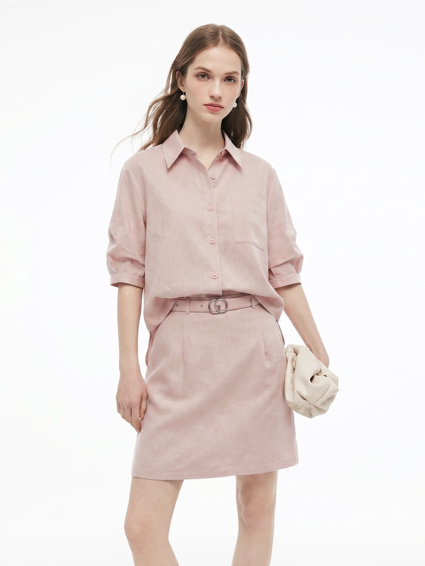 Lyocell Linen Blend Mock-Layered Women Mini Shirt Dress GOELIA