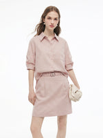 Lyocell Linen Blend Mock-Layered Women Mini Shirt Dress GOELIA