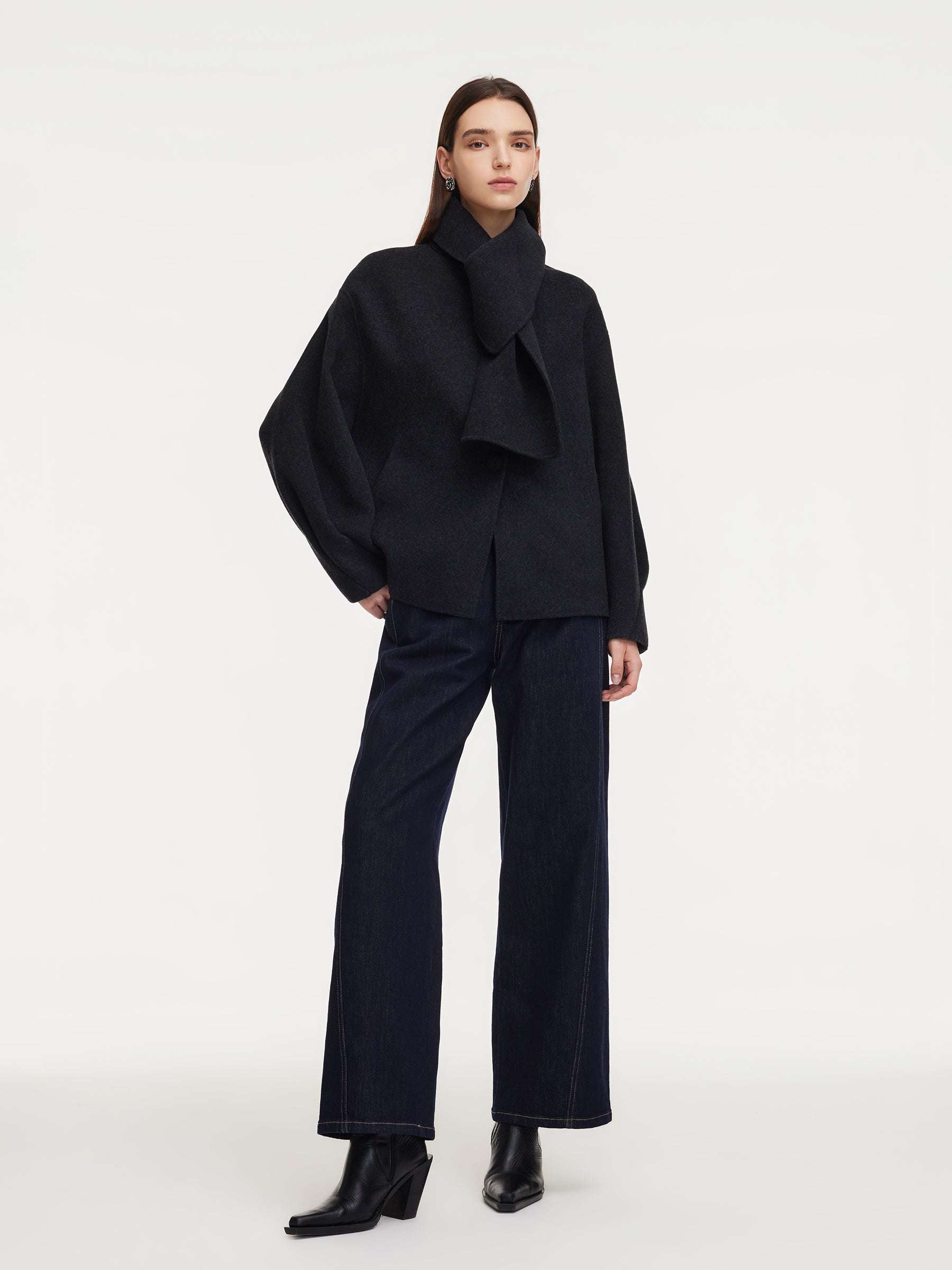 Yak Tencel Wool Blend Double-Faced Women Jacket With Scarf GOELIA