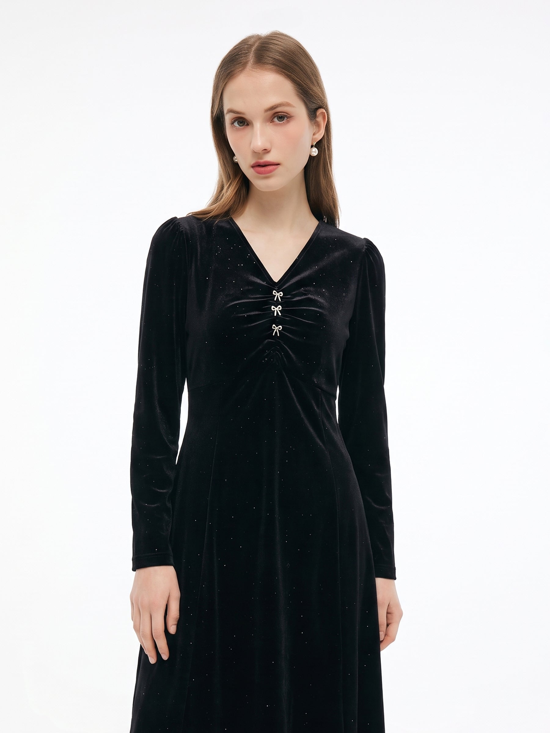 Velvet Sequins V-Neck Women Midi Dress GOELIA