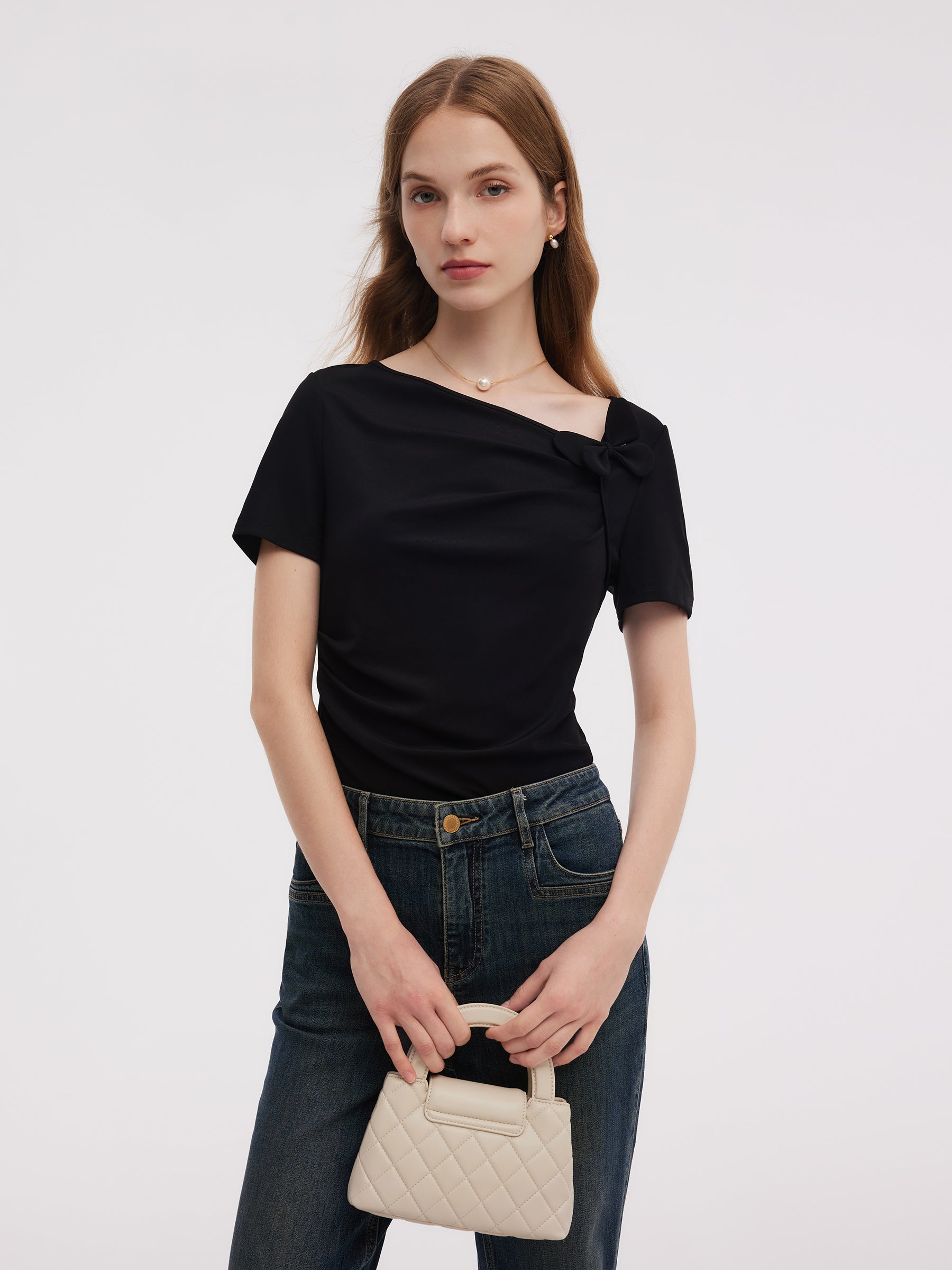 Acetate Blend Asymmetric Neckline Women T-Shirt GOELIA