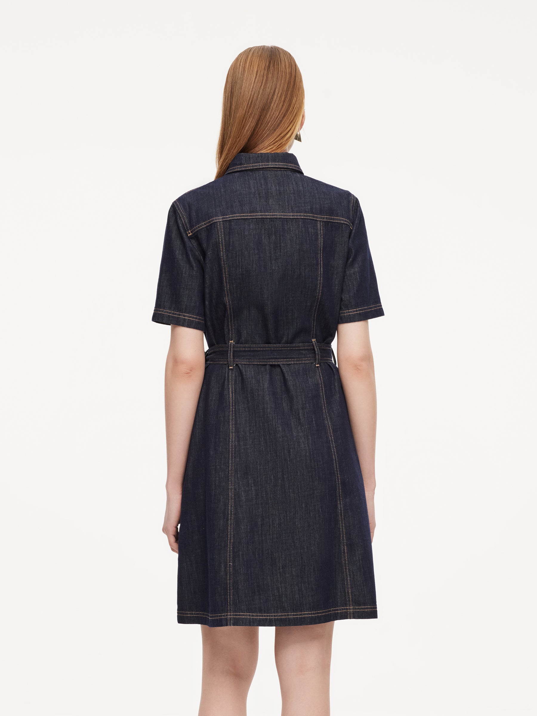 100% Cotton Denim Women A-Line Mini Shirt Dress With Self-Tie Belt - Dark Denim / XS 100% Cotton Denim Women A-Line Mini Shirt Dress With Self-Tie Belt - Dark Denim / XS