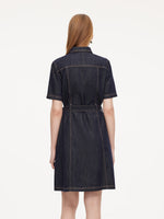 100% Cotton Denim Women A-Line Mini Shirt Dress With Self-Tie Belt GOELIA