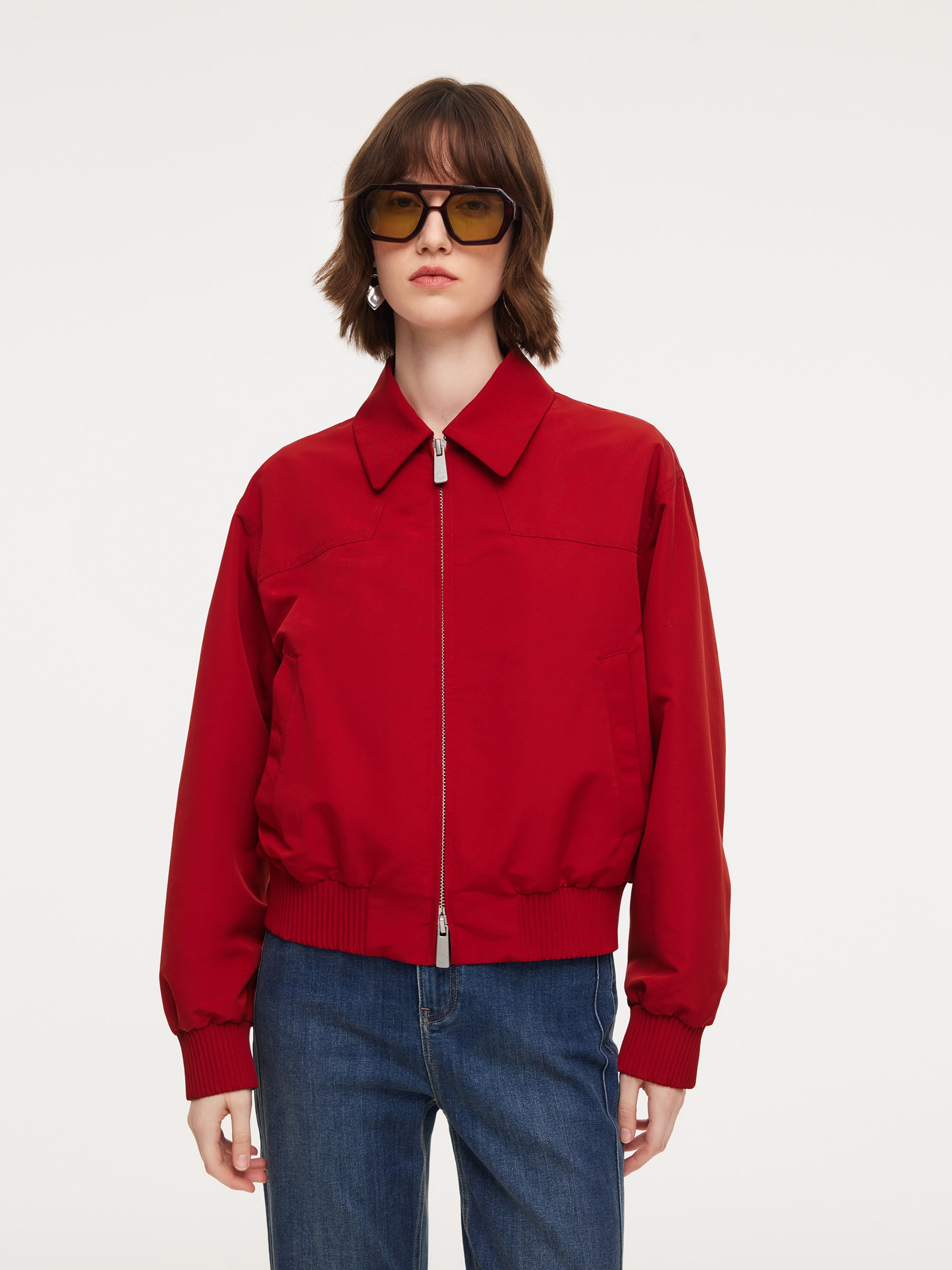 [Preview] Chili Red Zip-Up Women Cropped Jacket GOELIA
