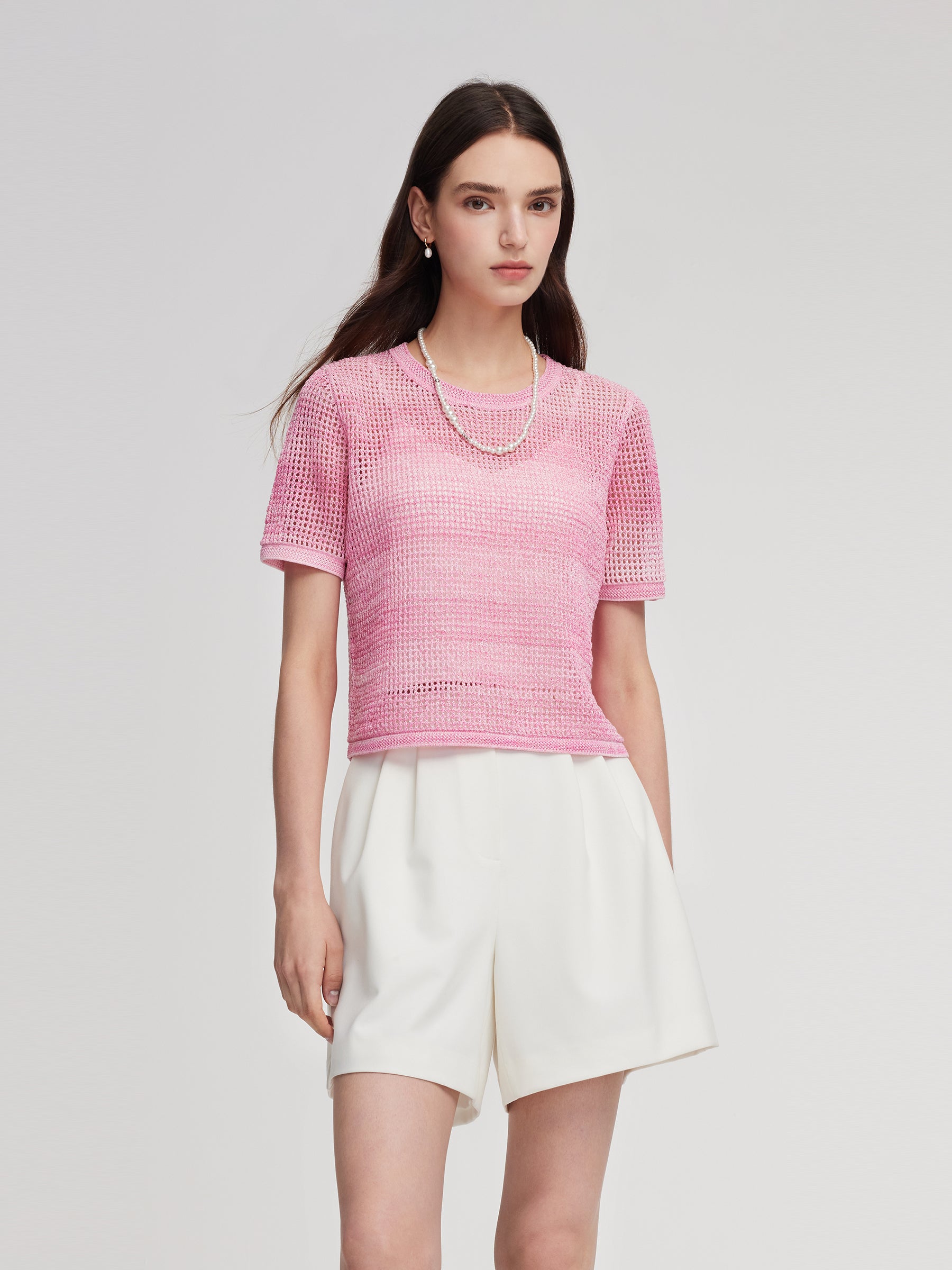 Gradient Openwork Knit Top And Knit Camisole Two-Piece Set GOELIA