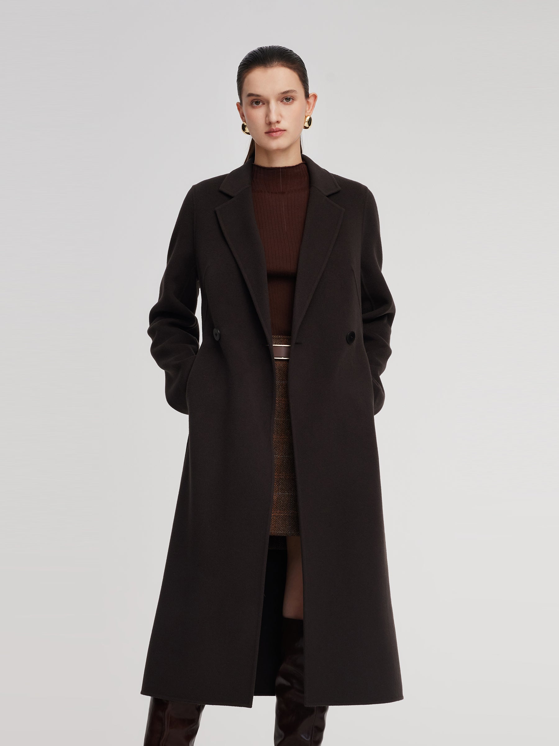 [Preview] Cashmere Wool Blend Gathered Waist Women Overcoat GOELIA