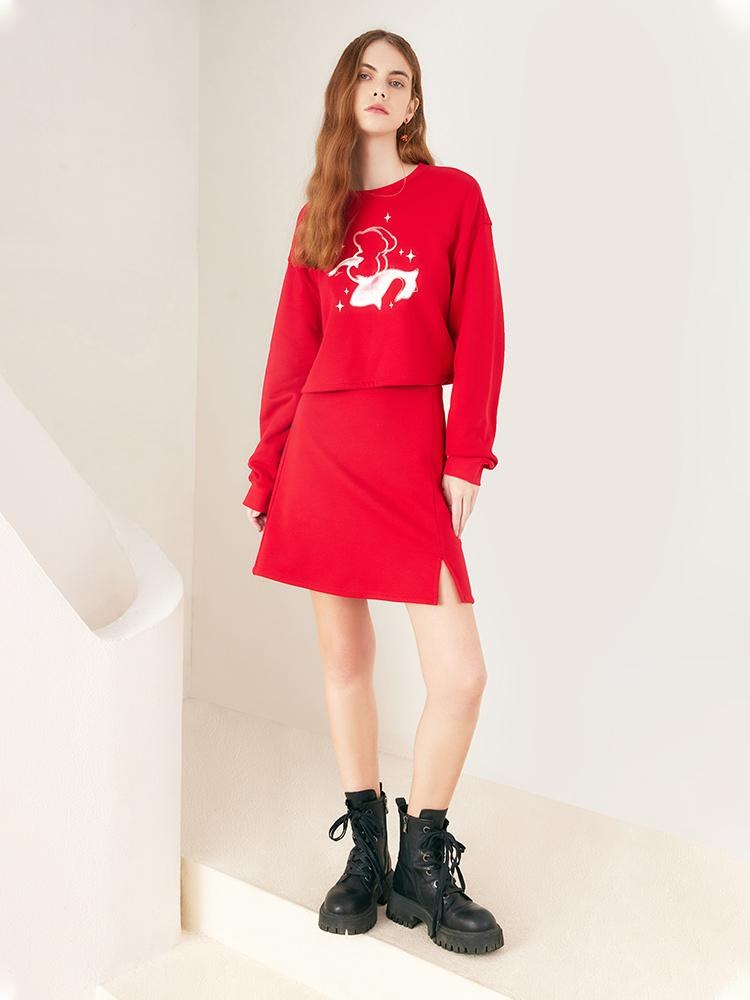 Red Printed Hoodie And Skirt Two-Piece Set GOELIA