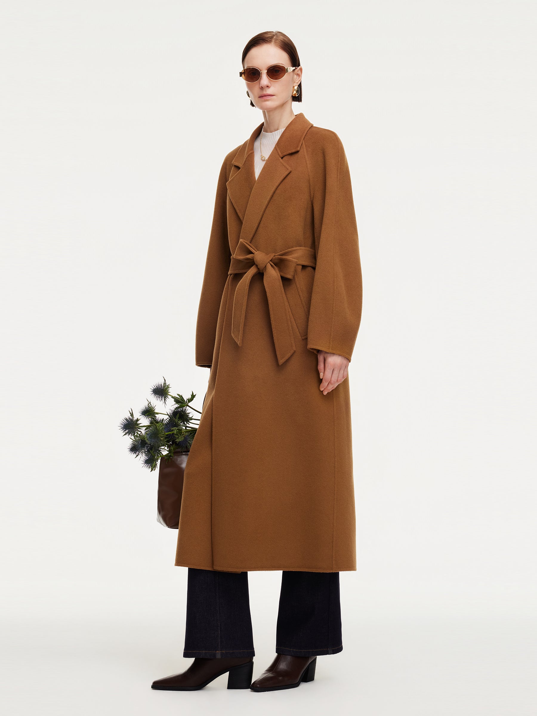 100% Wool Double-Faced Balloon Sleeve Women Belted Overcoat GOELIA