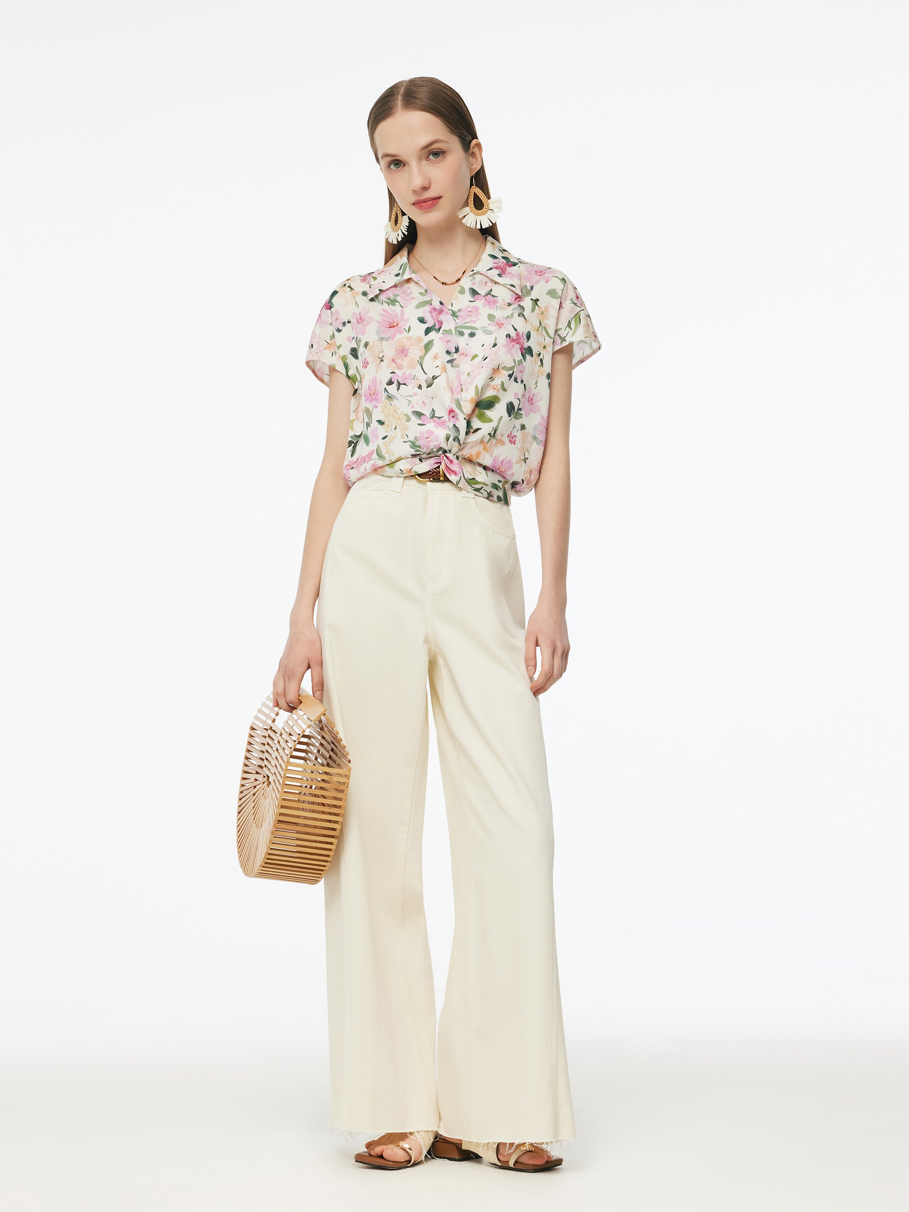 19MM Mulberry Silk Floral Print Women Twist Front Top GOELIA