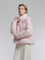 [Preview] Goose Down Cropped Jacket With Detachable Knit Hood GOELIA