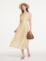 Pre-Order Tencel Blend Square Neck Women Gather-Waisted Maxi Dress GOELIA
