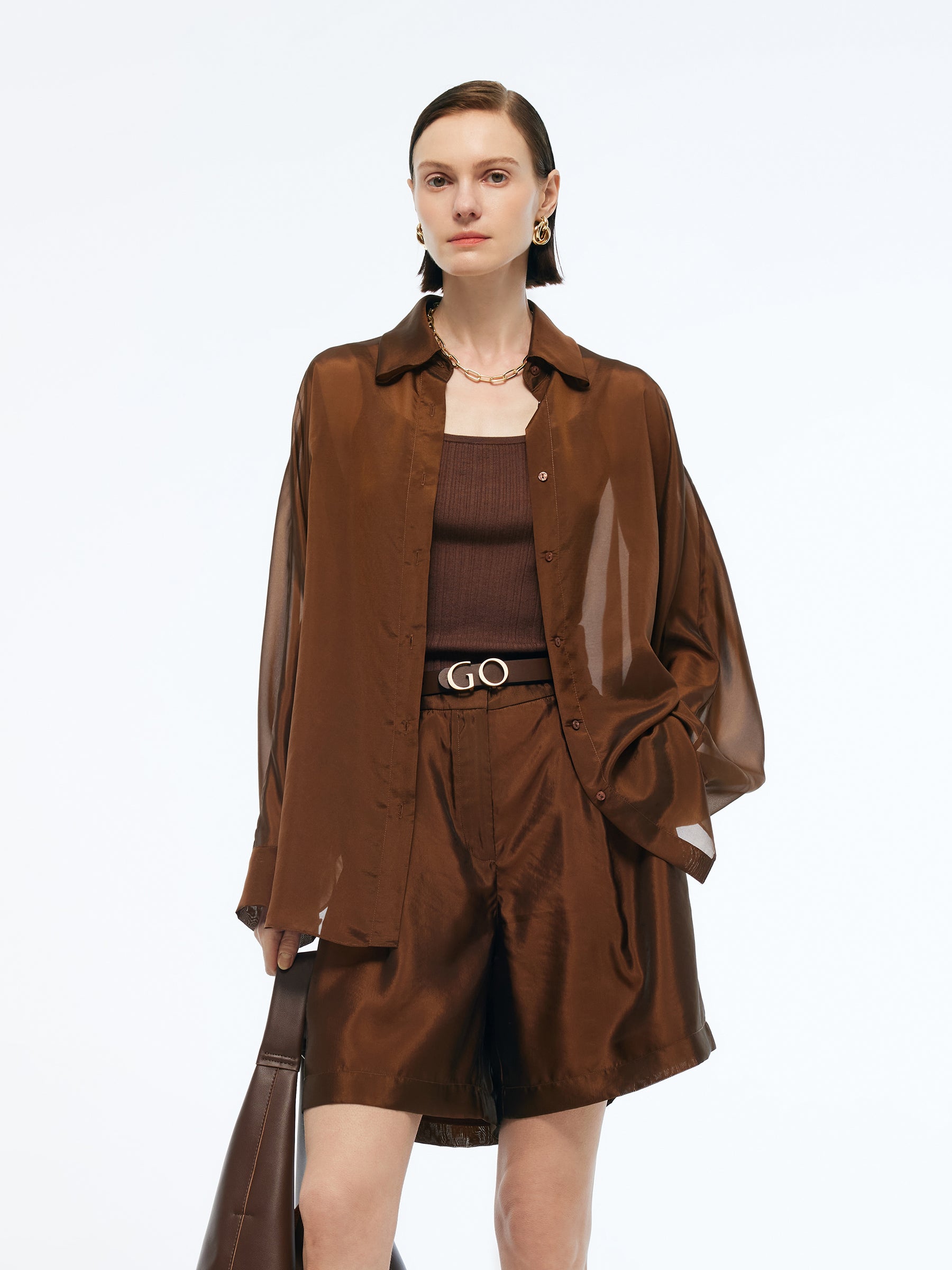 Mulberry Silk Blend Women Batwing Sleeves Oversized Shirt GOELIA