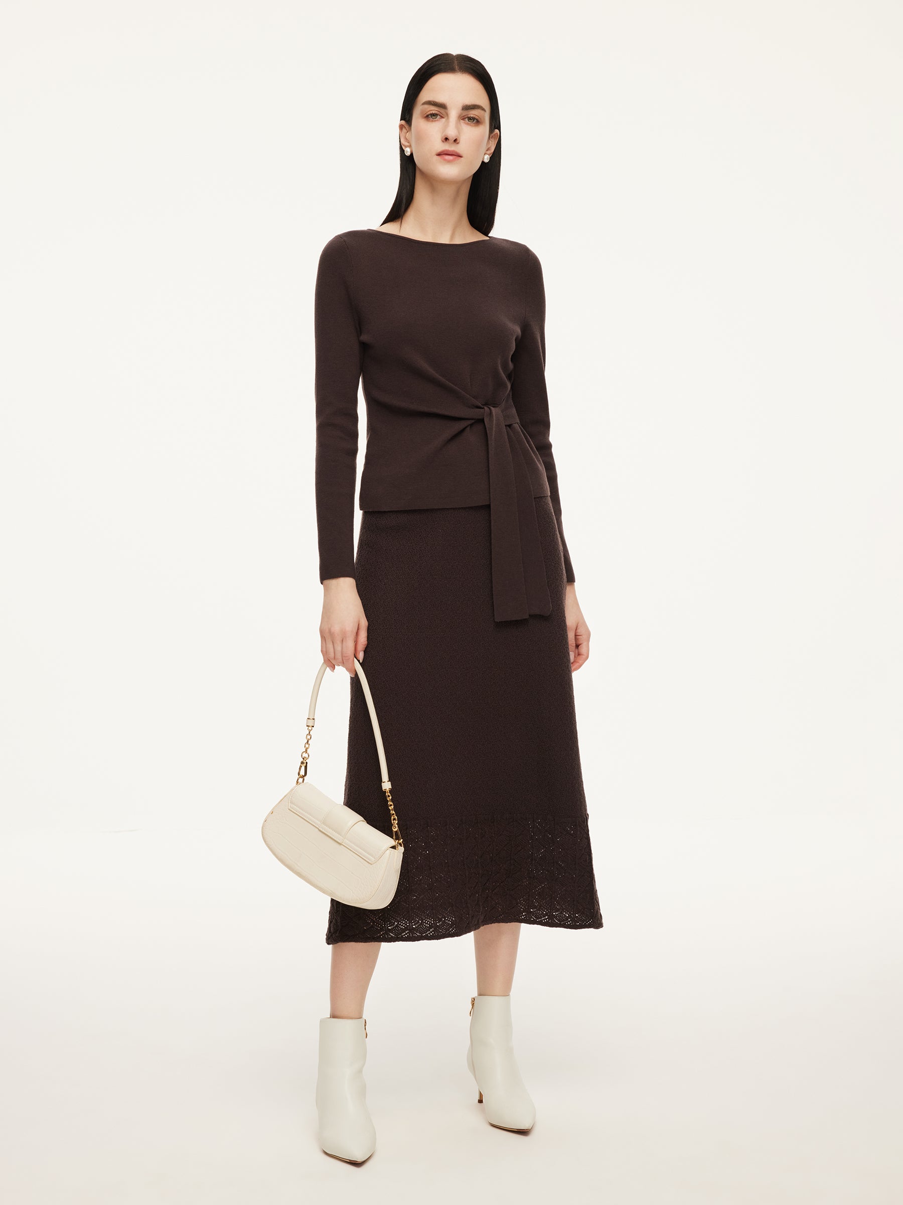 Tencel Wool Blend Tie Front Knit Top And Crochet Skirt Two-Piece Set GOELIA