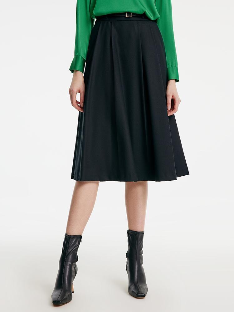 Worsted Woolen A-shaped Half Skirt With Leather Belt GOELIA