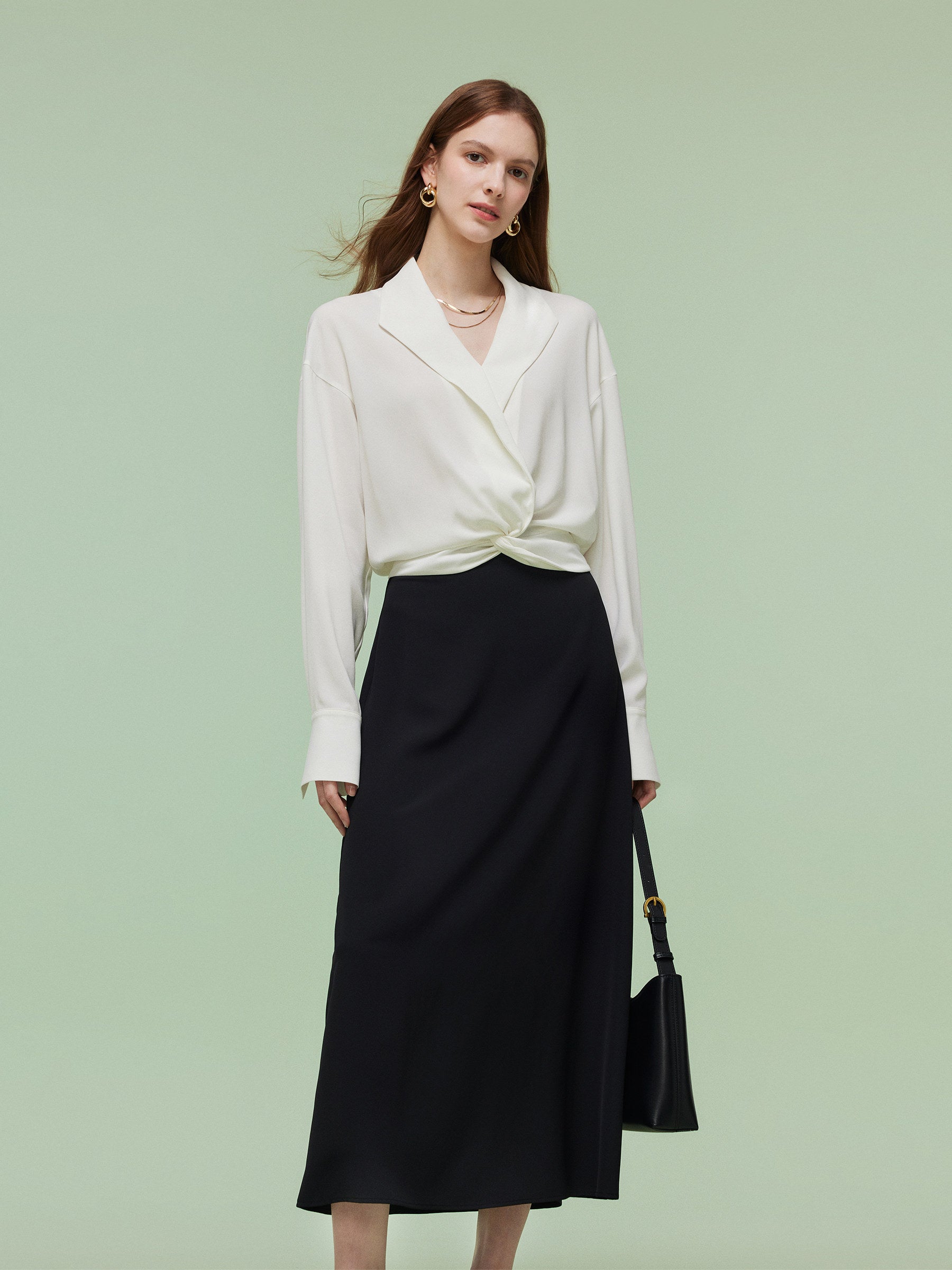 Acetate Blend Twist Front Blouse And Skirt Two-Piece Set GOELIA