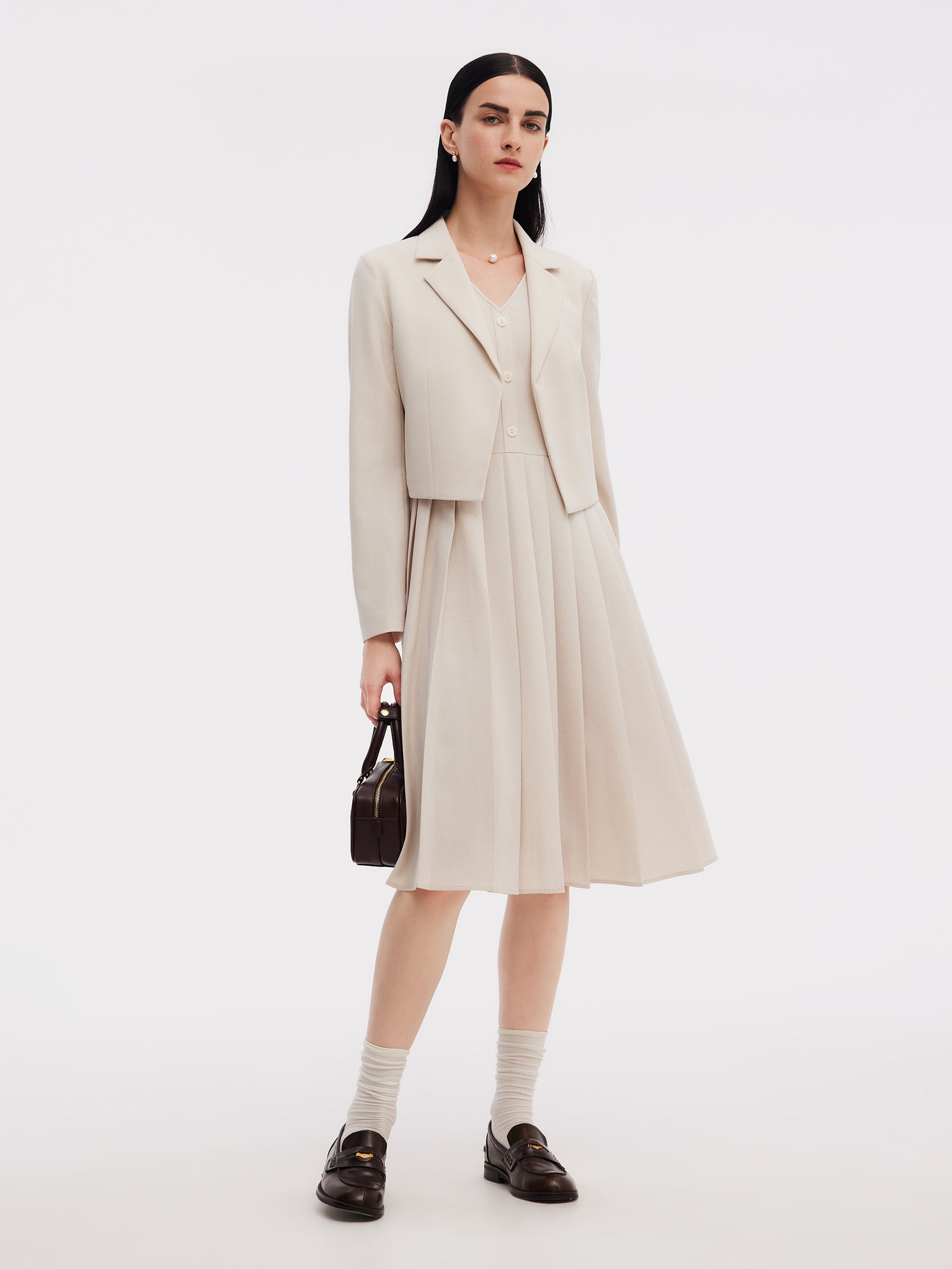 Crop Blazer And Sleeveless Pleated Midi Dress Two-Piece Set GOELIA