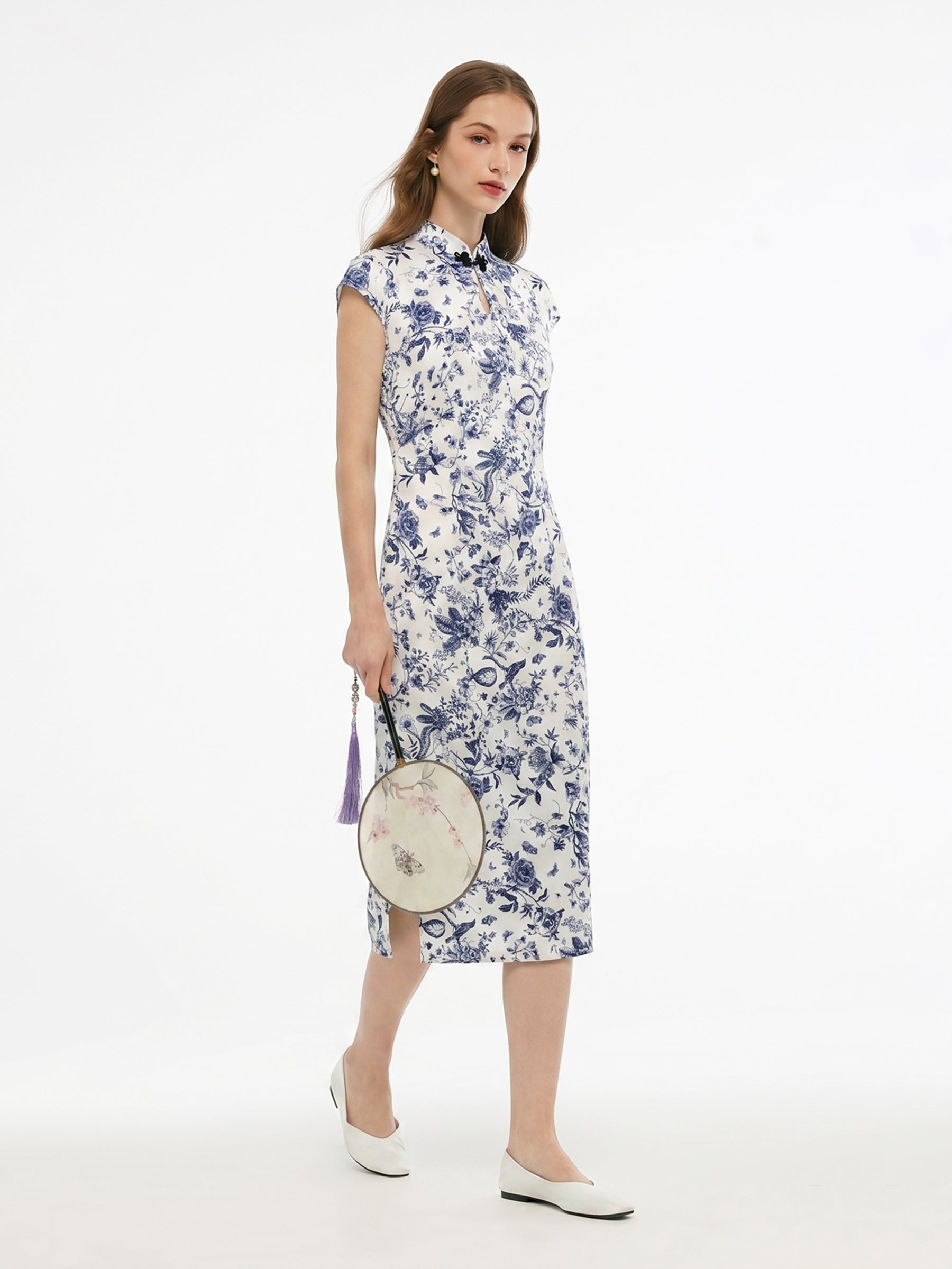 19MM Mulberry Silk Floral Print Women Qipao Maxi Dress GOELIA