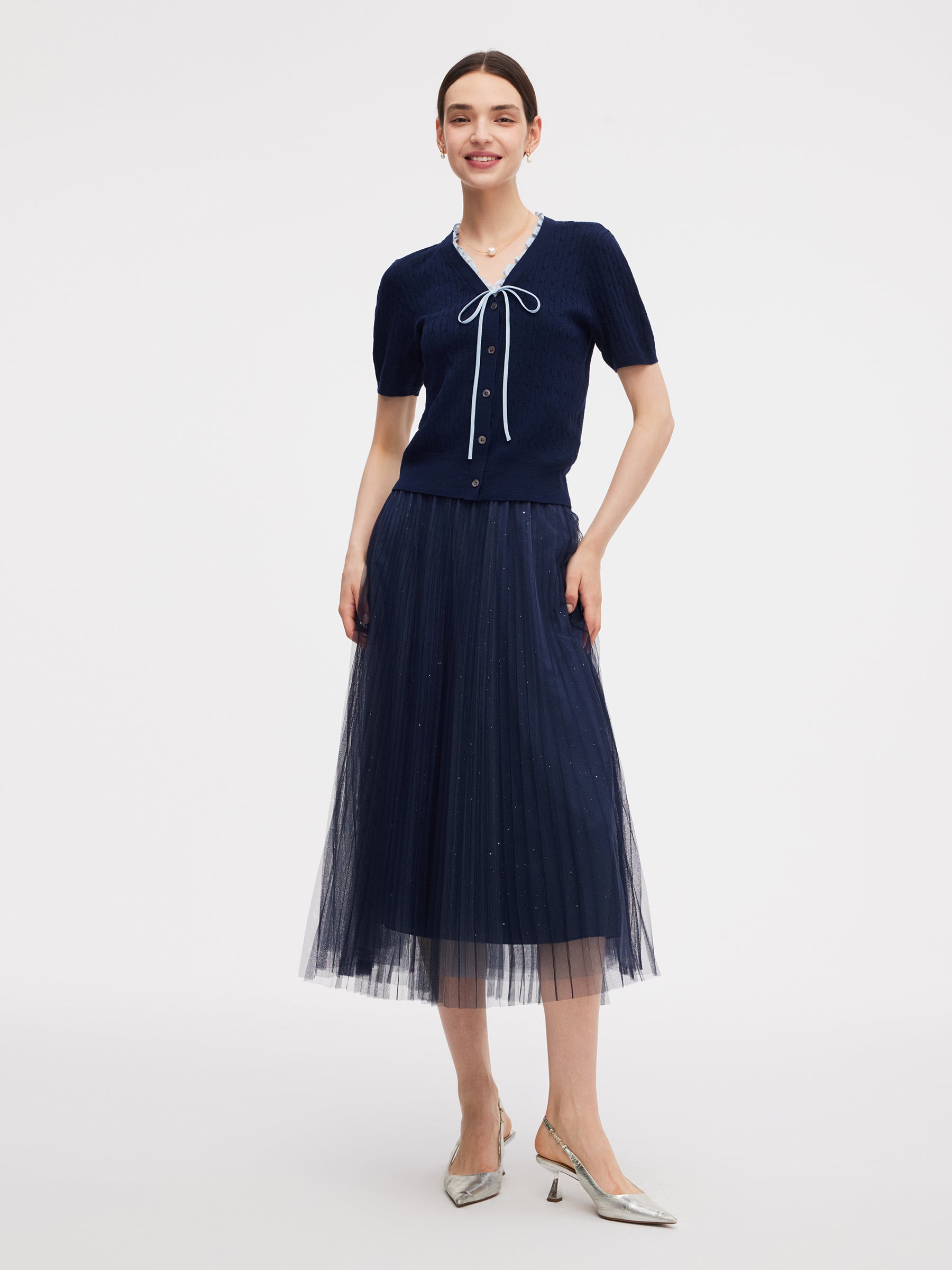 Ruffle V-Neck Knit Top And Pleated Mesh Skirt Two-Piece Set GOELIA