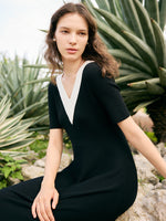 Contrast V-Neck Slim Knitted Women Midi Dress GOELIA