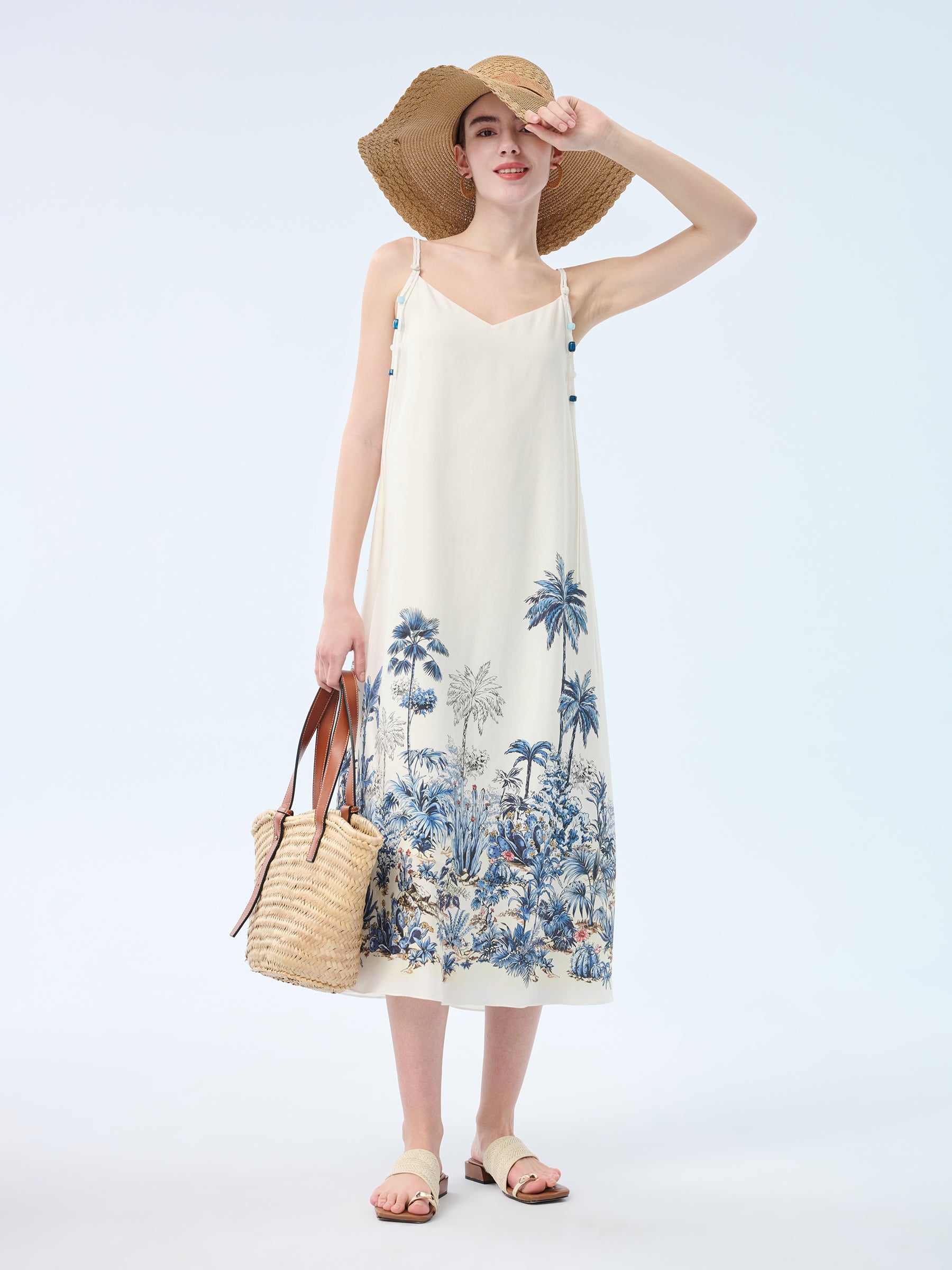 Tencel Linen Blend Floral Print Women Strap Maxi Dress GOELIA