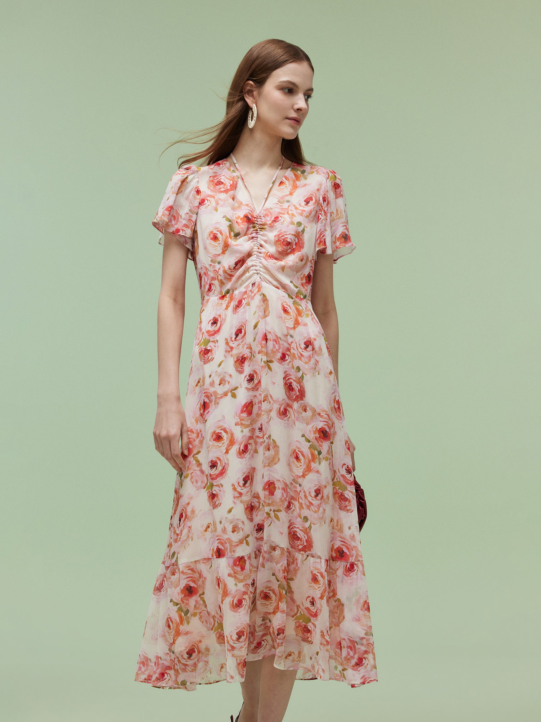 10MM Mulberry Silk Rose Print Smocked Drawstring Front Women Maxi Dress GOELIA