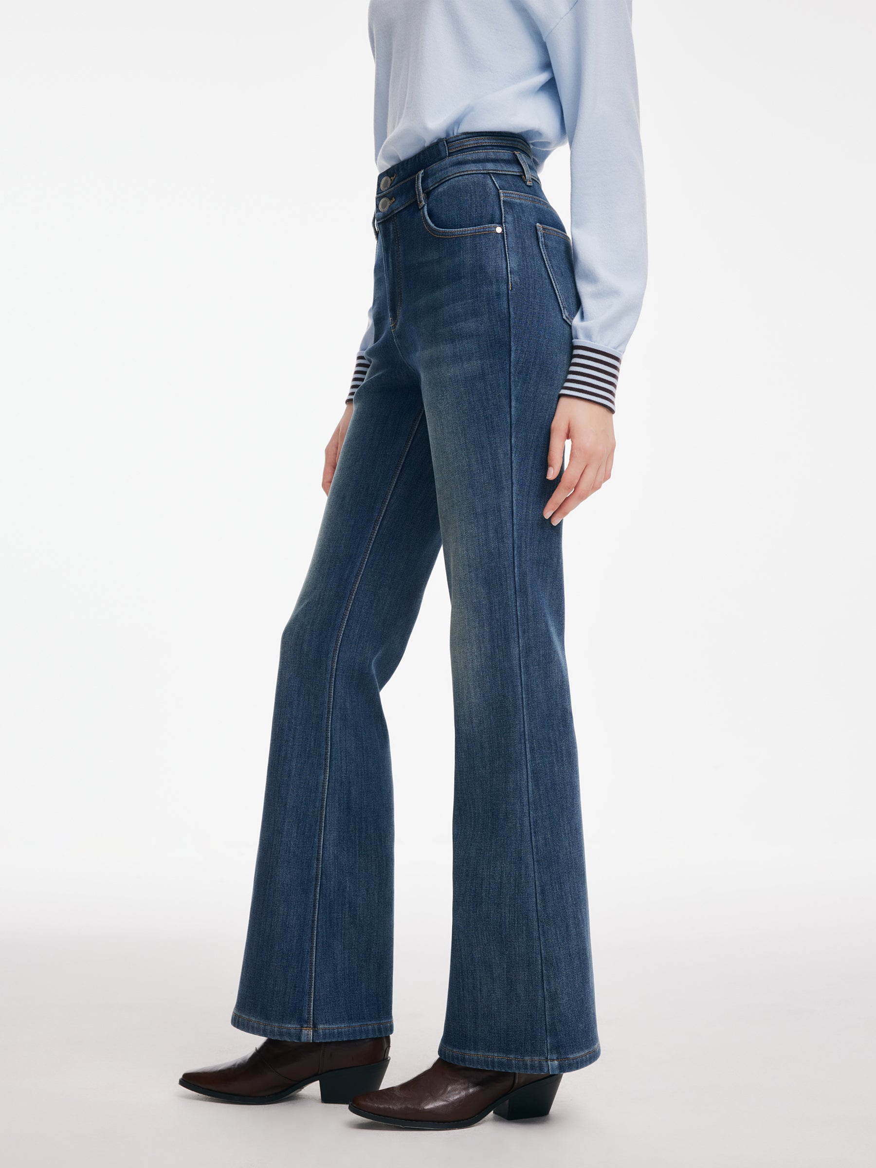 [Preview] Denim Fleece-Lined Women High-Waisted Flared Jeans GOELIA