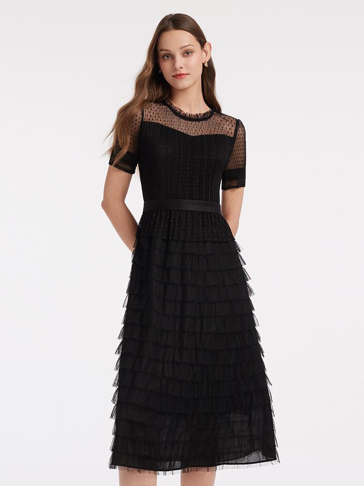 Short Sleeve Tulle Tiered Maxi Dress GOELIA