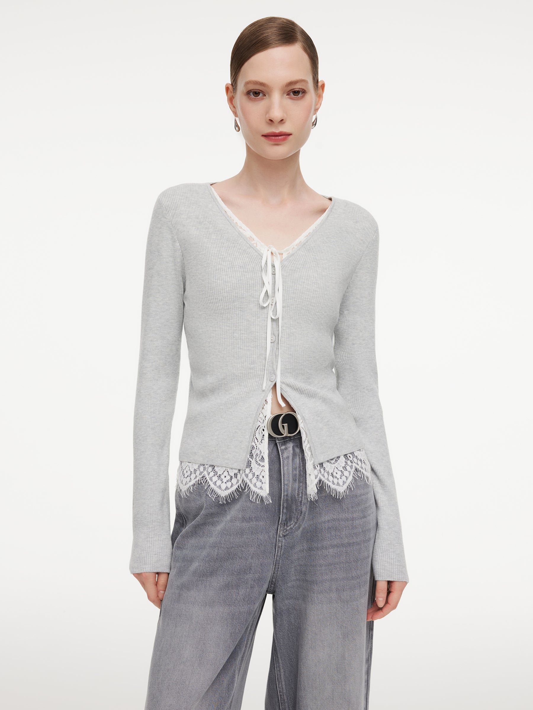 Lace Mock-Layered Women V-Neck Cardigan GOELIA