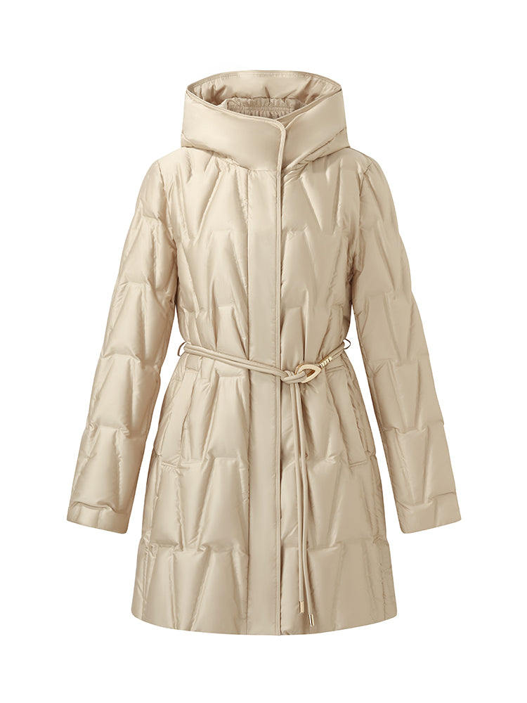 High Collar Hooded Goose Down Coat With Belt GOELIA