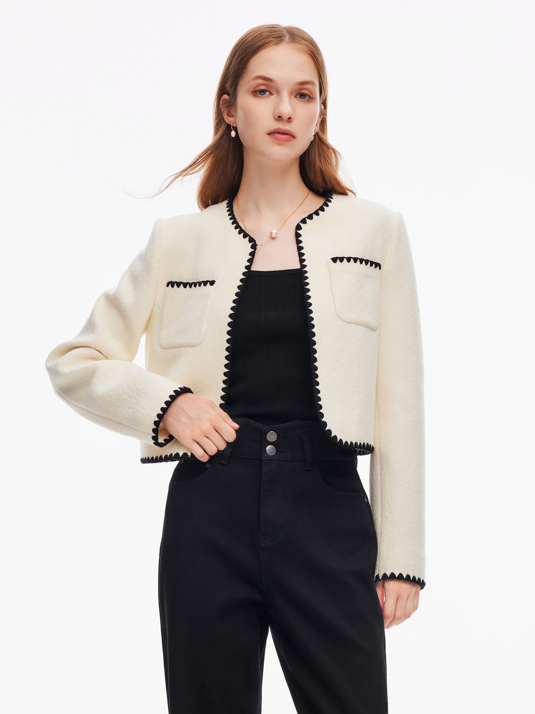 100% Wool Contrast Trim Women Crop Jacket GOELIA