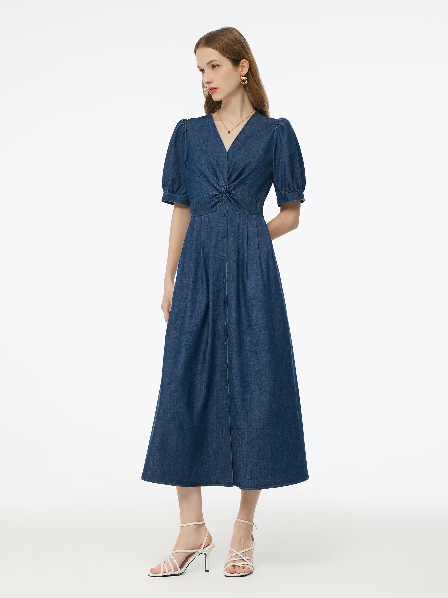 Denim Twist Front V-Neck Women Maxi Dress GOELIA