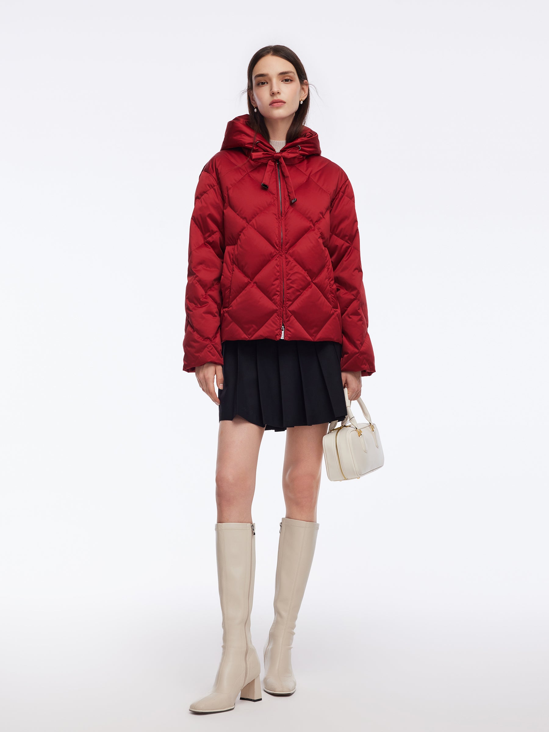 Diamond Quilted Cocoon Drawstring Hooded Goose Down Jacket GOELIA