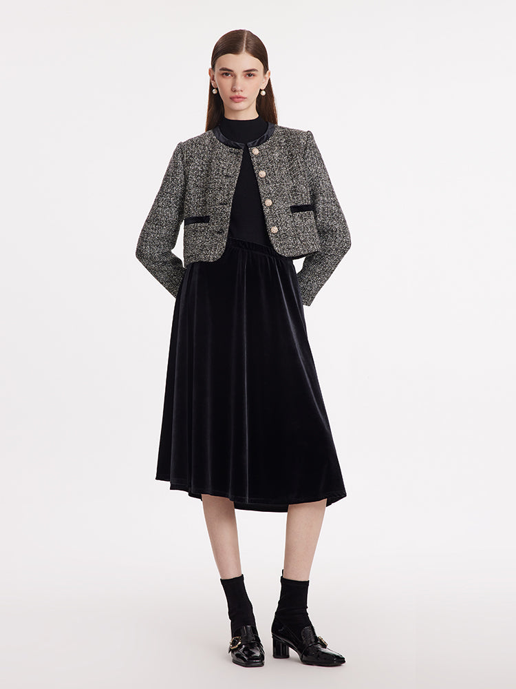 Single-Breasted Tweed Jacket And Velvet Skirt Two-Piece Set GOELIA