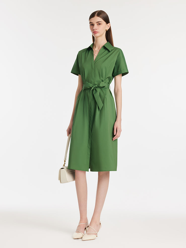 Lapel V-Neck Women Midi Shirt Dress With Belt GOELIA