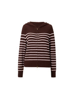 100% Wool Brown Stripe Women Hooded Zip-Up Cardigan GOELIA