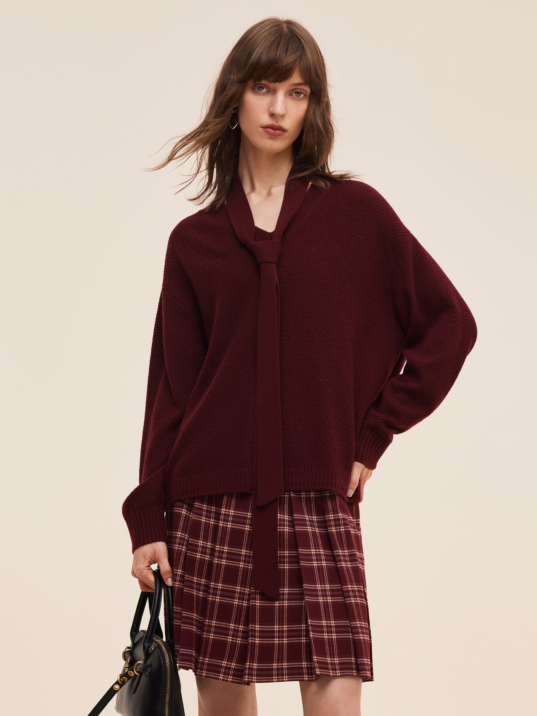 Wool Blend Women V-Neck Knit Top With Ribbon GOELIA