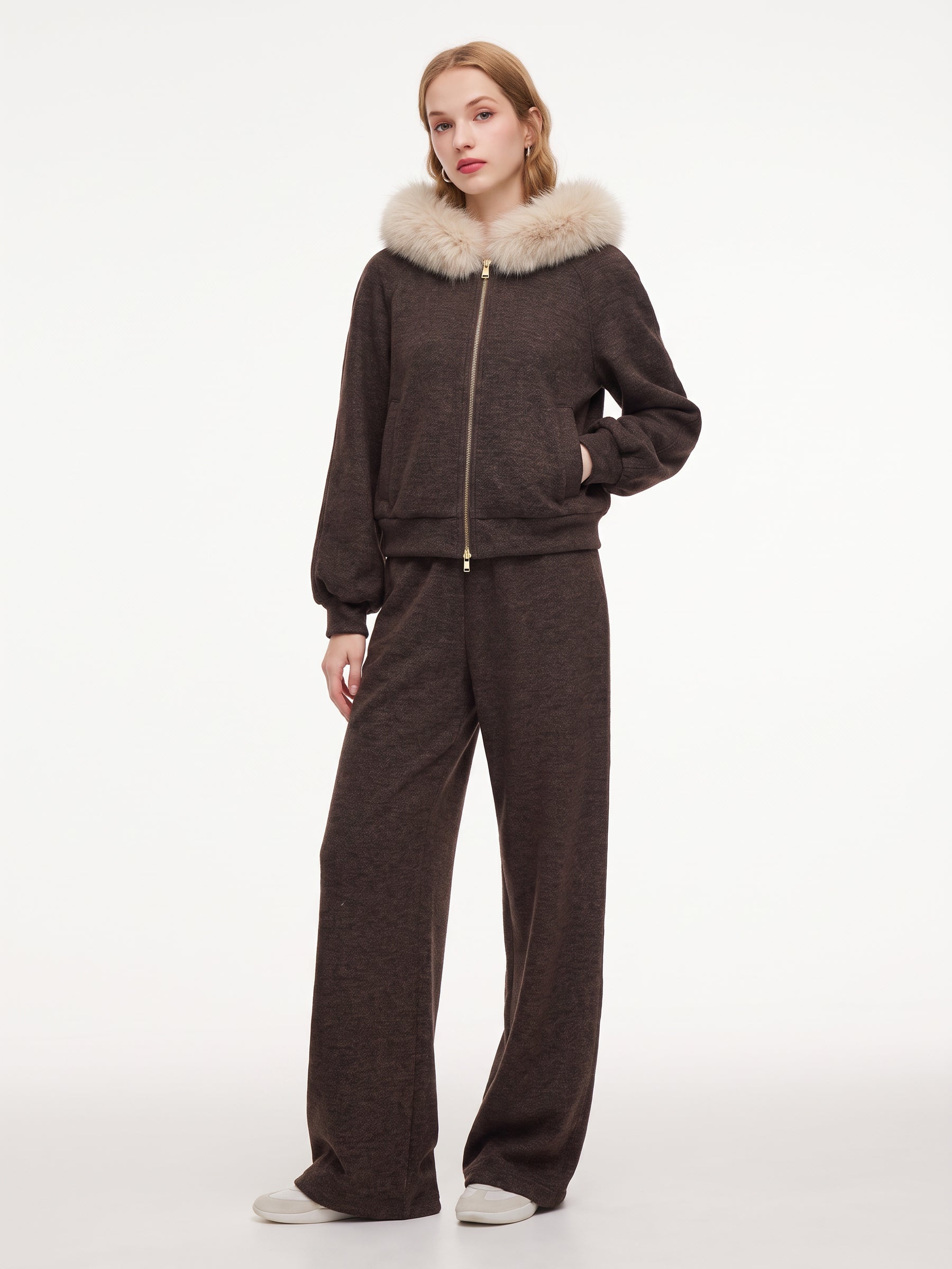 Zip-Up Jacket And Pants Two-Piece Set With Detachable Faux Fur Collar GOELIA
