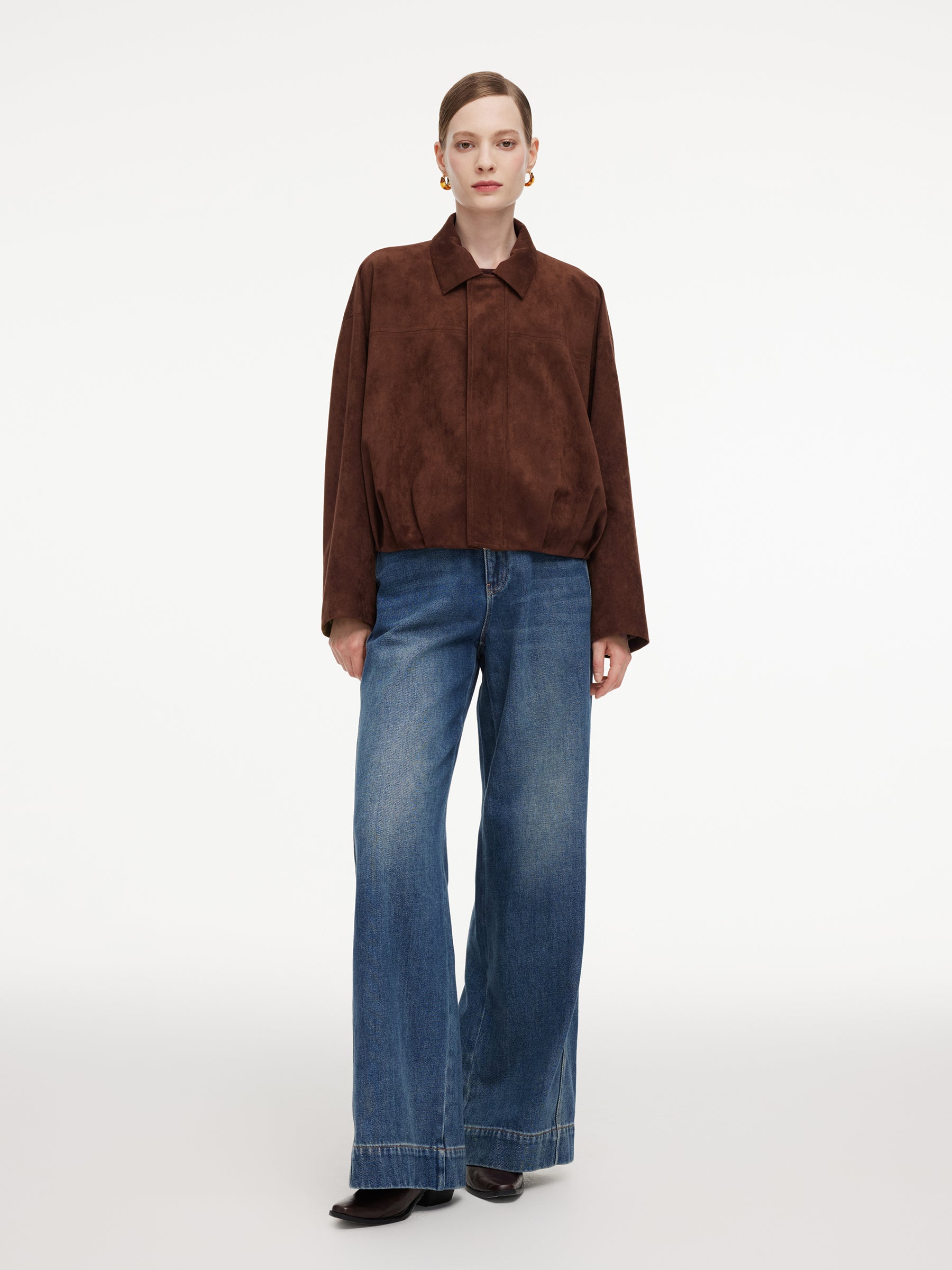 Faux Suede Bubble Hem Women Zip-Up Cropped Jacket GOELIA