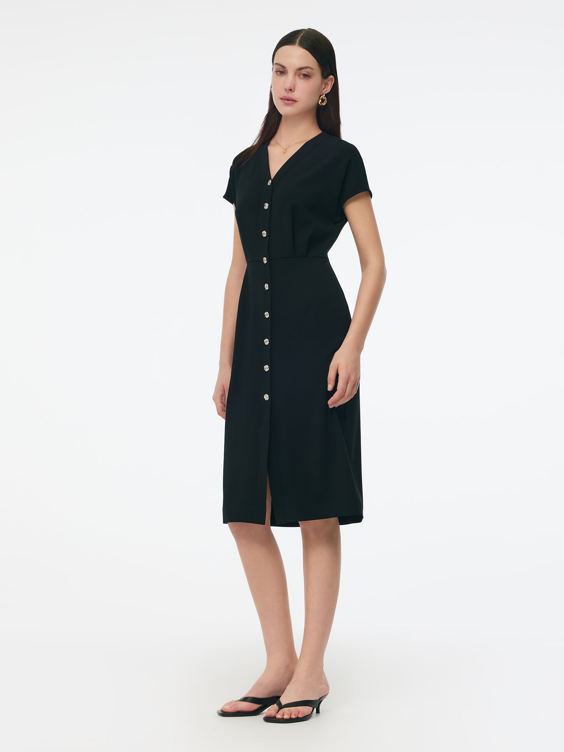 Triacetate Blend V-Neck Women Gathered Waist Midi Dress GOELIA