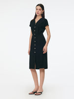 Triacetate Blend V-Neck Women Gathered Waist Midi Dress GOELIA